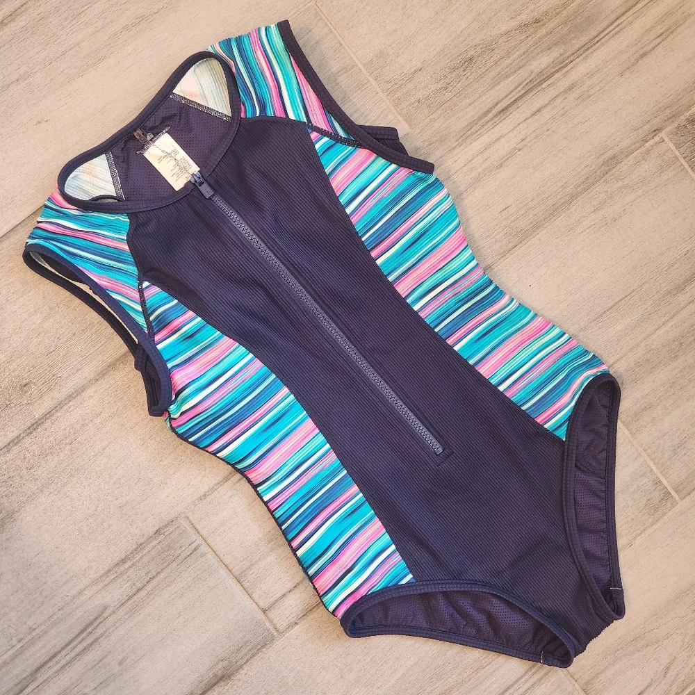 Beach House Swimsuit 4 Blue One Piece Surf Water Sport Beach Athletic New $111